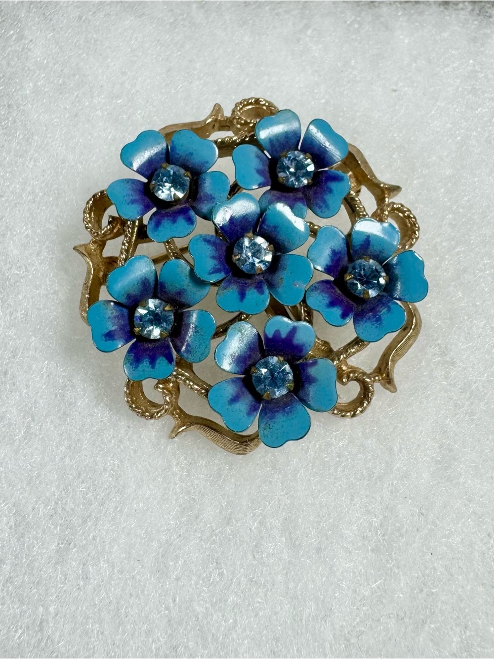 Vintage Avon Brooch Pin Rhinestone Blue Flowers